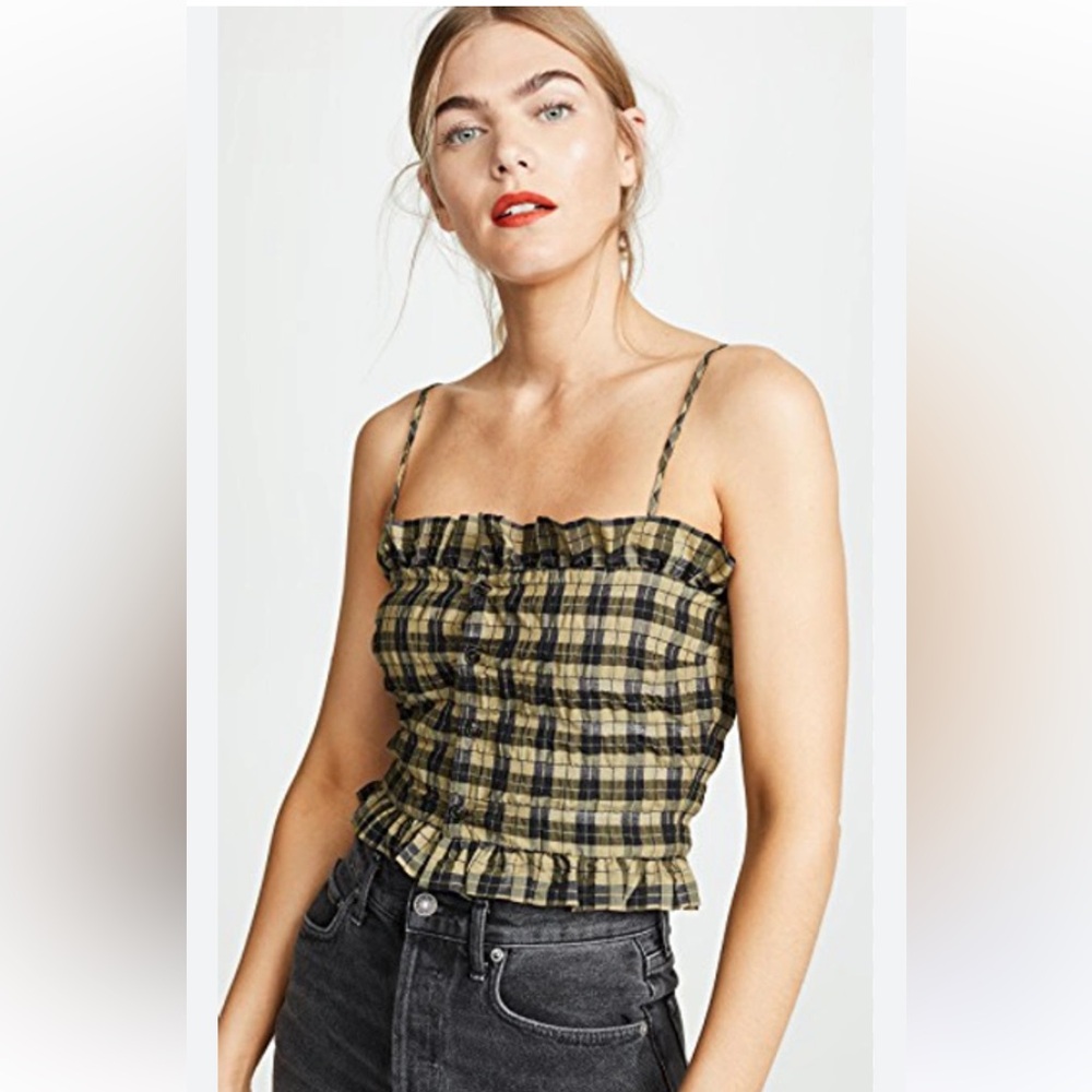 Ganni Plaid Camisole in Black and Tan